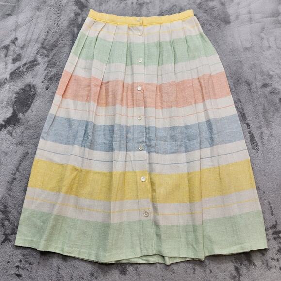 Vintage 70s Skirt Women W28 Pastel Striped Pleated Button Front Midi Cottagecore - Picture 1 of 5